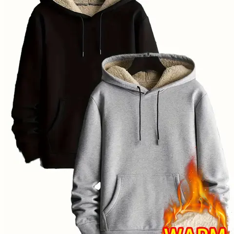 Men's Unisex 2-Piece Menswear Set - Simple Plain Fitted Medium-Length 100% Polyester Pullover Hoodie Tops, Adjustable Drawstring Hem, Ribbed Cuffs, Kangaroo Pocket, Fleece Interior for Autumn, Winter
