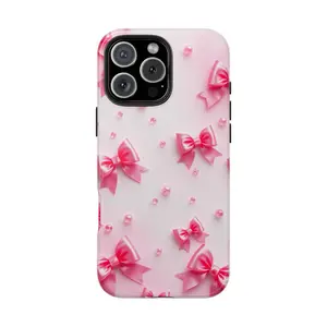 Coquette Cute Pink Bows Phone Case for iPhone 16, 15, 14, 13, 12, 11 & X Pro Max Plus with Pink Bows and Pearls Design