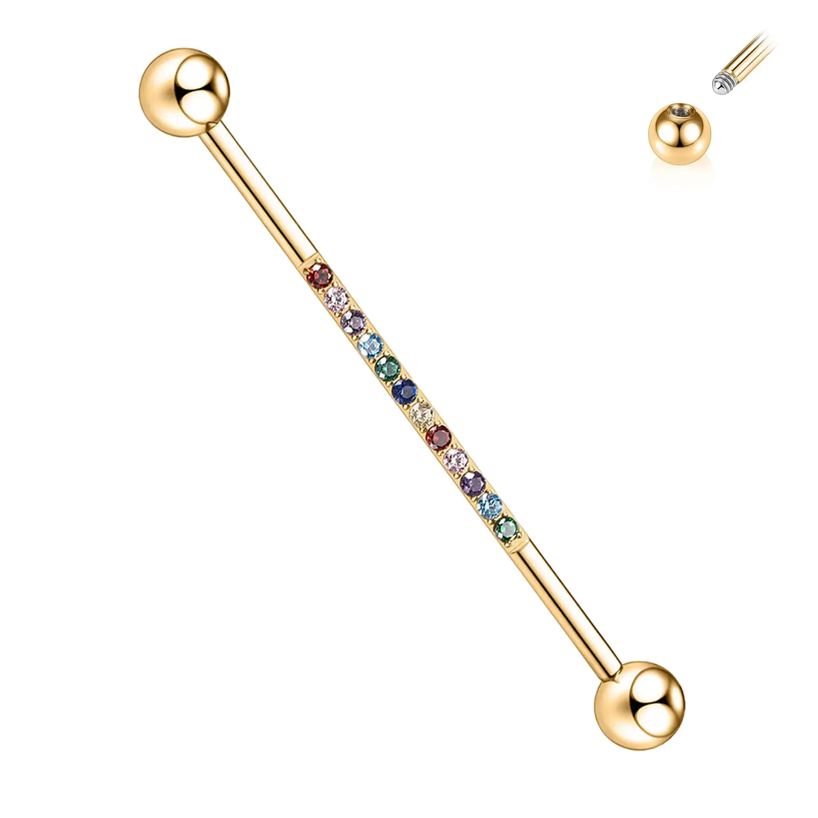 AROWRO Industrial Piercing Jewelry Gold Industrial Barbell Industrial Earrings for Women Men 1.5 Inch 38mm 14G Surgical Steel Gold Plate Industrial Bar with Cubic Zirconia