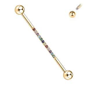 AROWRO Industrial Piercing Jewelry Gold Industrial Barbell Industrial Earrings for Women Men 1.5 Inch 38mm 14G Surgical Steel Gold Plate Industrial Bar with Cubic Zirconia