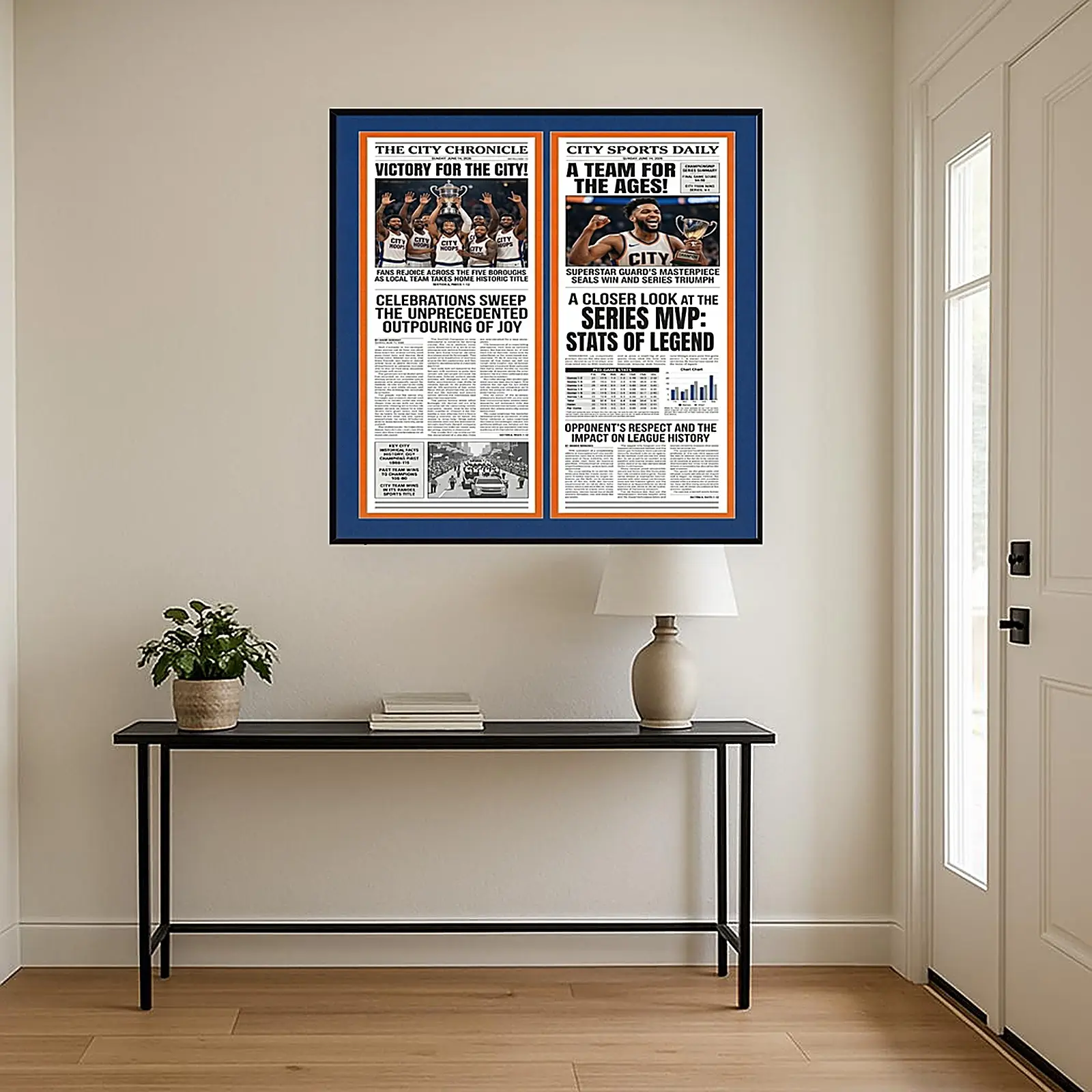 11x22 Newspaper Frame, Holds Two Papers Side by Side, Black Wood, Blue & Orange Mat