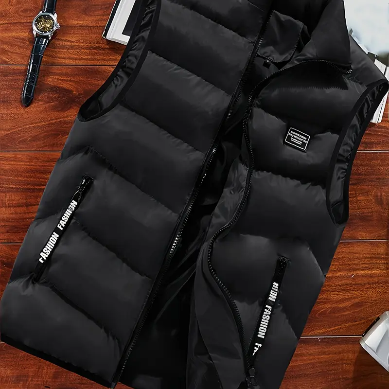 Men's Stylish Collared Mock Neck Sleeveless Waistcoat - Athletic Menswear Top, Autumn Winter Polyester Filled, Warm Lightweight, Full Zip Closure, All Seasons Casual Outerwear
