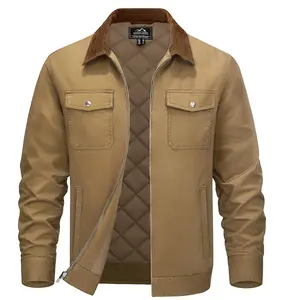 MAGCOMSEN Men's Winter Quilted Cotton Cargo Jacket Corduroy Collar Casual Lightweight Shacket with 5 Button Pockets