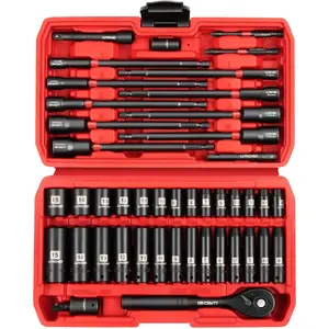 Drive Socket Set & Nut Driver Set 44PCS, 1/4-Inch Sockets Deep&Shallow Metric(4-15mm) with Ratchet, 1/4" Hex Shank 6" Long Nut Drivers(6-14mm)  Impact Drill Bits(PH1 PH2)