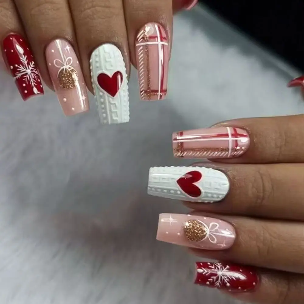 24pcs Long Water Bucket Nail Set, Diy Nails, Snowflake Heart Bow Design, Christmas Winter Valentine Style, Acrylic False Nails Press Ons for Women Girls
