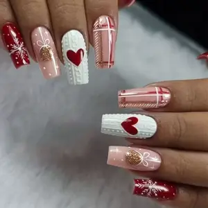 24pcs Long Square Nail Christmas Bouquet Snowflake Heart Press-On Nails Set, Includes Jelly Glue and File, Perfect for Party Dance Daily Use