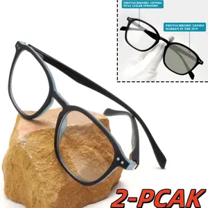 2 Pack Auto-Tinting Photochromic Outdoor Reading Glasses for Men and Women Sunglasses Blue Light Blocking UV Protection Spring Hinge Eyeglasses