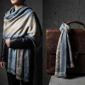 Vintage-Style Gradient Jacquard Scarf - Designer Skin-Friendly, Breathable, Silky Shawl, Model KS1006-NAVY