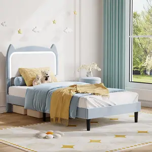 Twin Platform Bed Frame, Noise Free Upholstered Bed Frame with Cat Headboard, GRB LED Lights & Strong Wood Slats Support, No Box Spring Needed, Blue