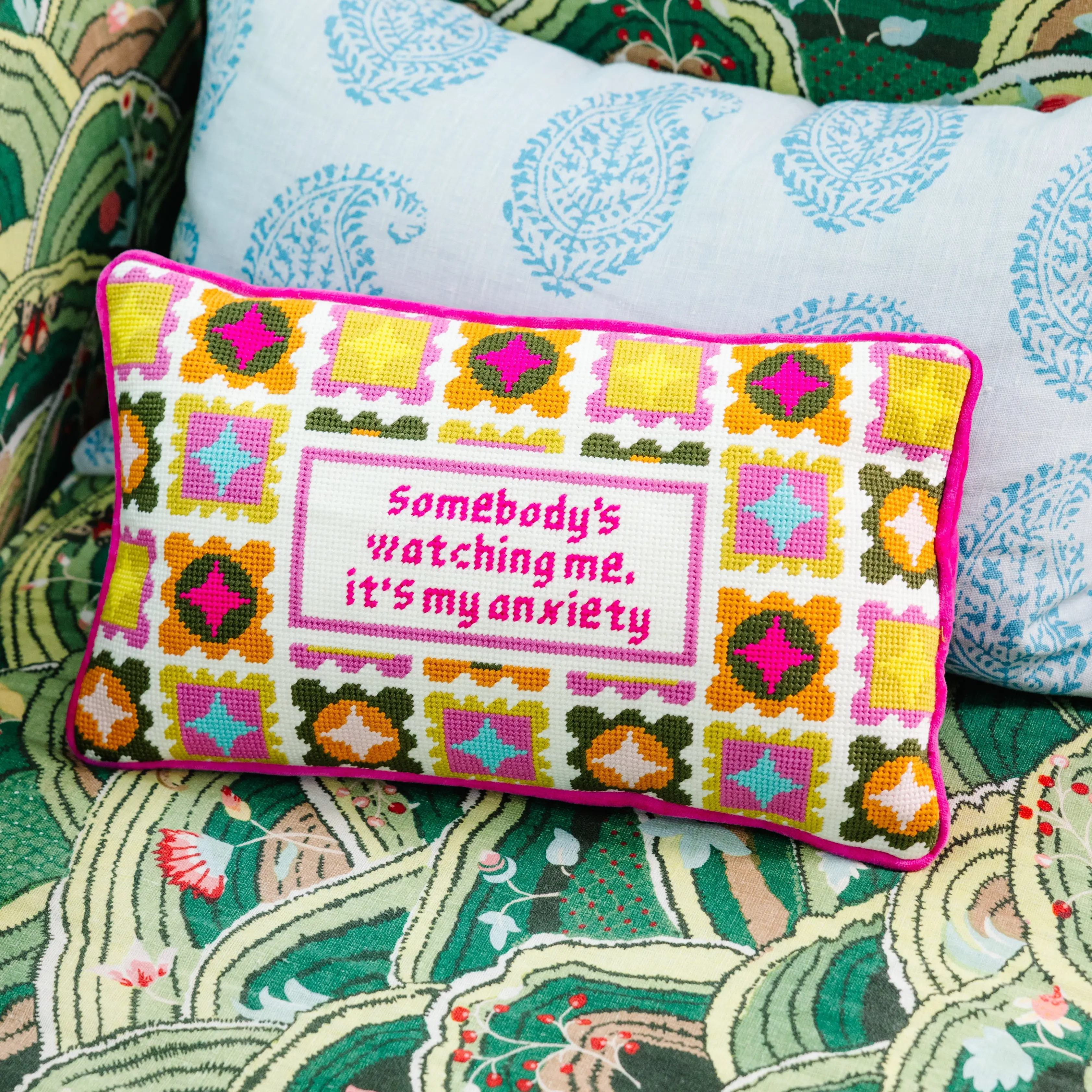 Velvet Needlepoint Pillow - 9"x15" Embroidered Decorative Accent with Charming Sayings, Playful Prints, Anxiety Humor, Ideal Home Gift