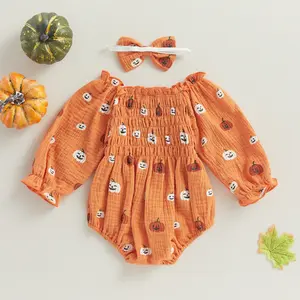 Infant Baby Girl Halloween Jumpsuit Cartoon Pumpkin Print Ruched Off Shoulder Long Sleeve Romper + Bow Headband