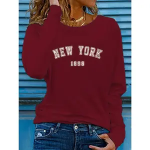 New York Printed Round Neck T-shirt, Spring and Autumn Casual Long Sleeve Top, Women's Clothing Long Sleeve Womenswear Embroidered
