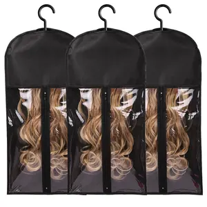 3PCS Hair Extension Holder Wig Storage Bags with Hanger Wig Holder for Multiple Wigs Hanger Dust-proof Storage Organizer with Hook Hair Extensions, wigs & accessories (Black)