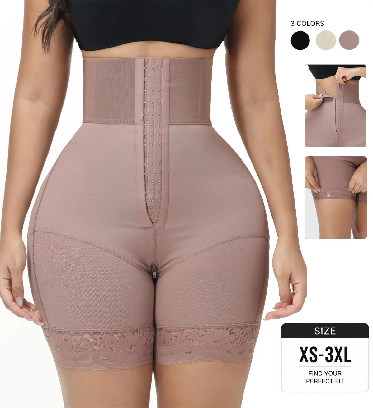 ShapeViva Lady's High Waisted Faja Body Shaper Shorts, Seamless Nylon Spandex High Waist Shapers, Tummy Control & Butt Lifter Underwear With Zipper Crotch, Double Back Panel Support For Wedding, Party And Daily Casual Wear, 30-Day Guarantee, Zippered Crot