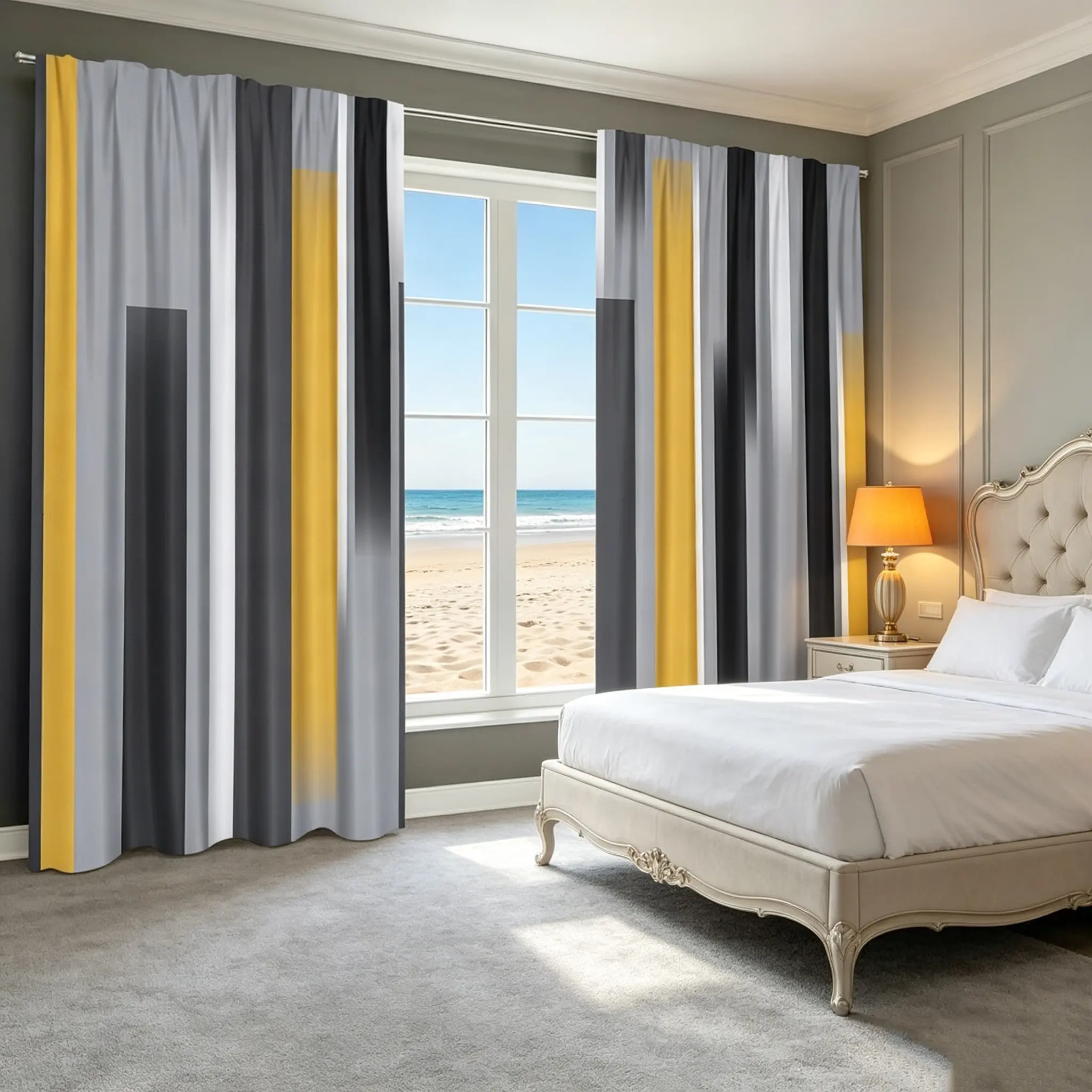 2-piece set of Nordic minimalist vertical stripe curtains with yellow gray gradient design, Window Curtain, Home Decoration Curtain, made of polyester material, semi blackout finished curtains for bedrooms and living rooms, Home Decorative Curtain