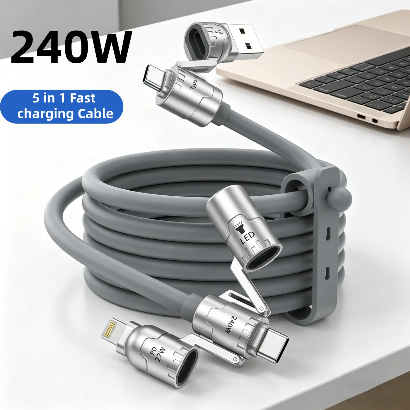 240W 5-in-1 Multi Charging Cable 6.6FT, USB A & USB C to USB C/Lightning with LED Light, Detachable Connectors Fast Charging Cord for iPhone 17 16 15 14 Pro Max, iPad, Samsung, MacBook, Travel Camping Must Have