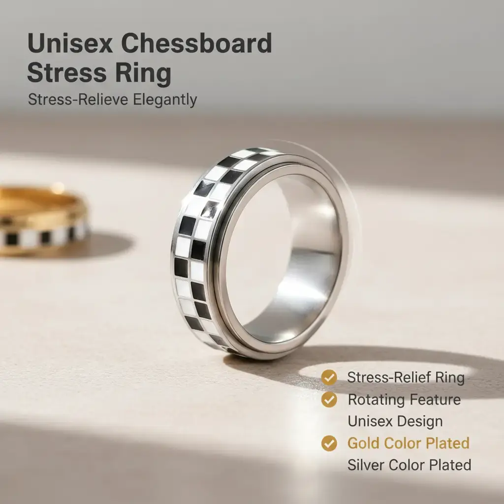 Unisex Geometric Chessboard Pattern Stress-Relief Rotating Ring - Gold and Silver Metal Coating Band, Daily Casual Fashion Accessory, All-Season Wearable