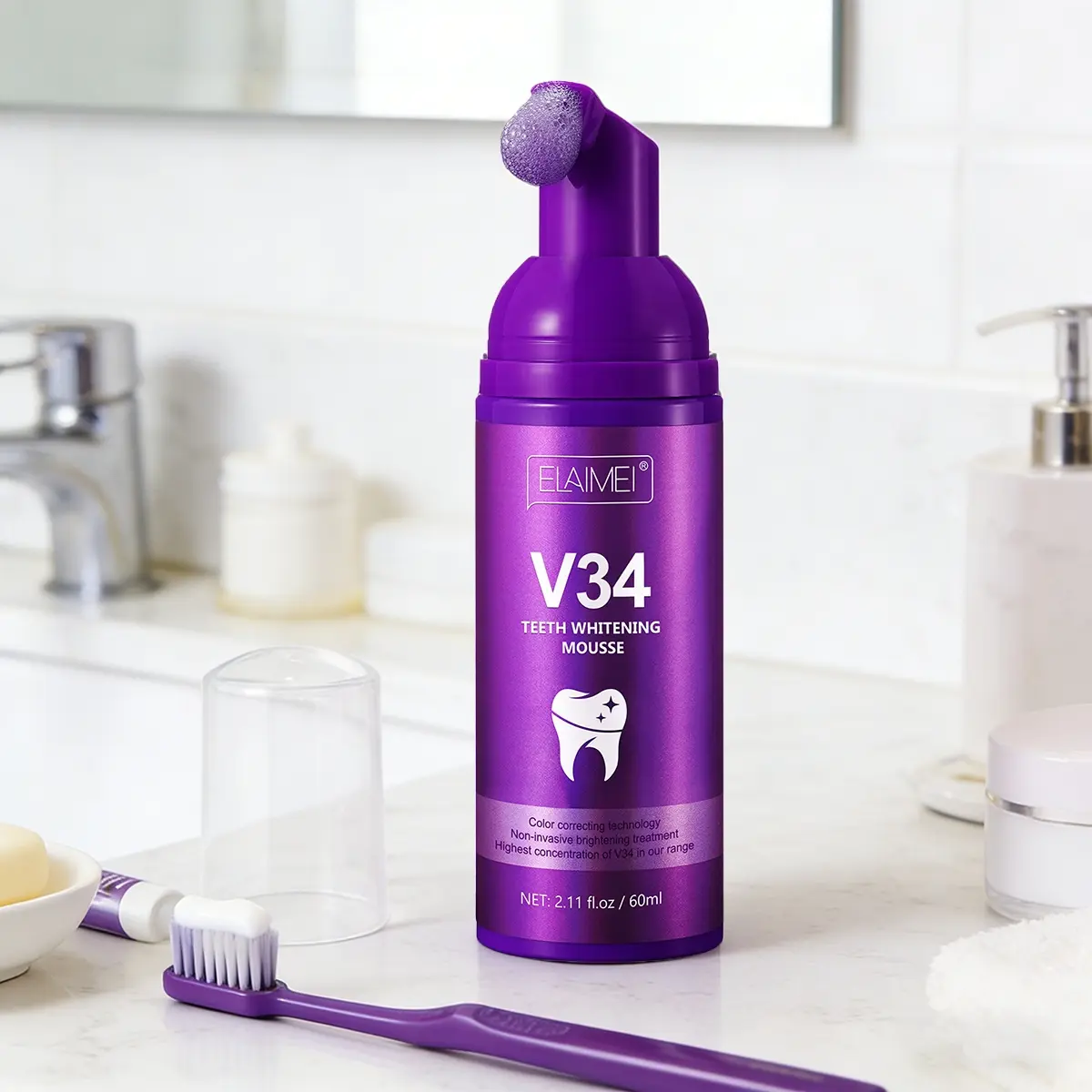 ELAIMEI Purple Peppermint Teeth  Mousse 60ml Teeth Whitener - Color Correcting Formula for Stubborn Yellow Stain Removal