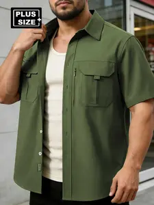 Men's Plus Size Summer Casual Shirt, Front Pocket Zipper Detail, Breathable Back, Four-Way Stretch Fabric, Outdoor Activities