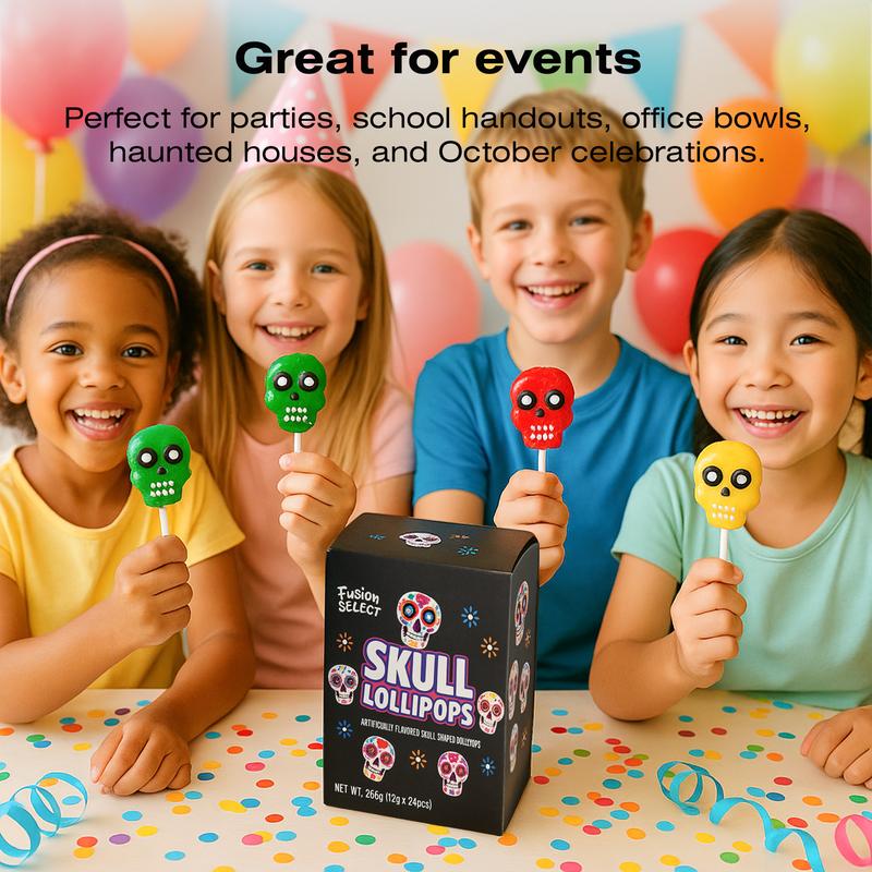 Fusion Select 24 Pcs Sugar Skull Lollipops - Colorful Halloween & Day of the Dead Candy - Individually Wrapped Novelty Treats for Kids - For Trick or Treat, Themed Party Favors & Celebrations Traditional Sweet Snack