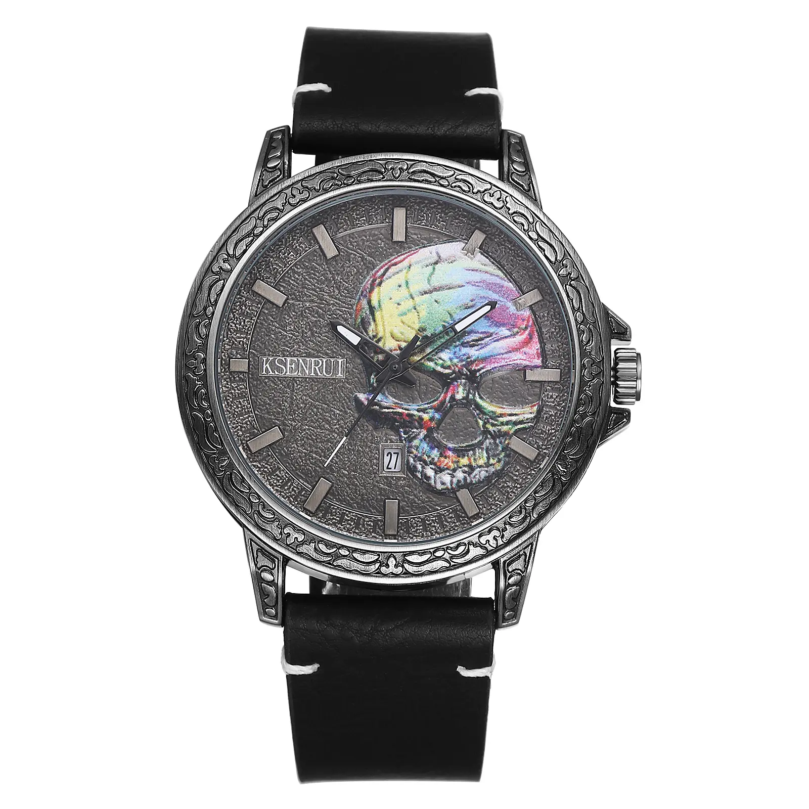 OIDEA Men's Steampunk Skull Leather Watch - Masculine, Glow-in-the-Dark, Self-Luminous, Water-Safe 3ATM Waterproof Quartz Analog Halloween Motorcycle Punk Wrist Watch, Glow-In-The-Dark Quartz Watches, Masculine Quartz Watches
