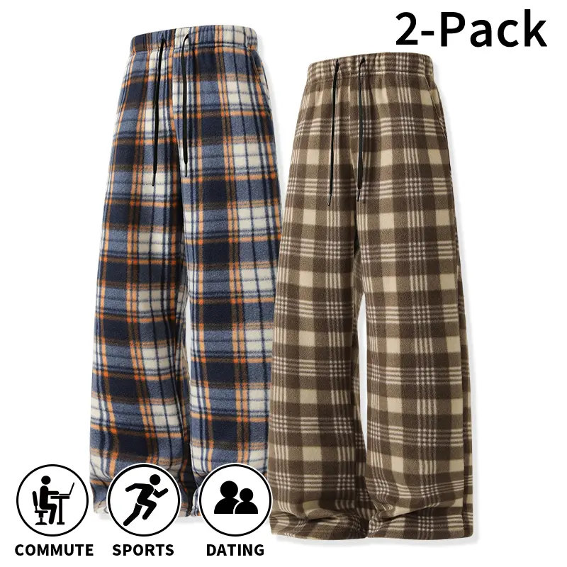 2 Pack / 1 Pack Men’s Plaid Double Sided Wide Leg Pants, Elastic Drawstring Loose Casual Pants, Soft, Warm & Cozy Lounge Pants for Everyday Indoor Wear in Autumn and Winter Baggy Sweatpants