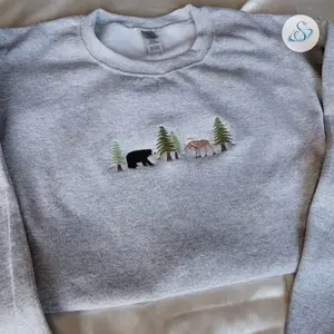 Bear and Moose Embroidered Sweatshirt, Forest Wildlife Crewneck Pullover, Minimalist Nature Lover Sweater, Cozy Rustic Outdoor Gift for Men and Women