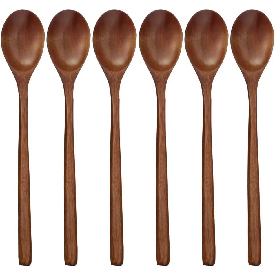 Wooden Spoons, 6 count 9 Inch  Soup Spoons for Eating Mixing Stirring, Long Handle Spoon with  Style Kitchen Utensil,   Table Spoon