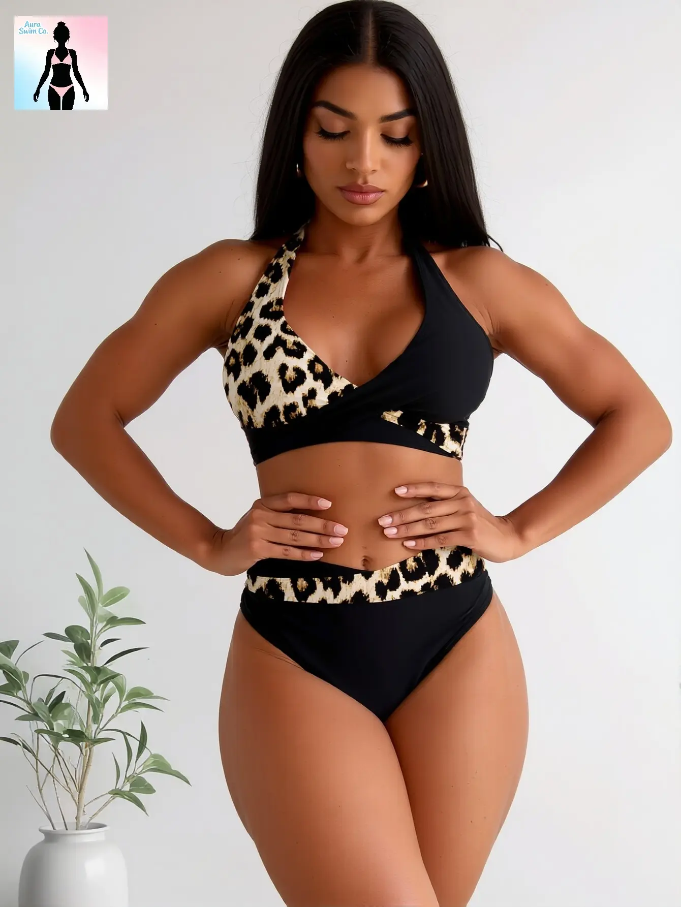 Aura Swim Women's 2026 Leopard Motif 2-Piece Bathing Suit - Criss Cross Halter Top, High-Waisted Tummy Control Patchwork Bottoms, Affordable Tropical Swimwear for Beach Vacations, Pool Parties, S Size, Bathing Suits 2026, Tummy Control Swimsuits for Women