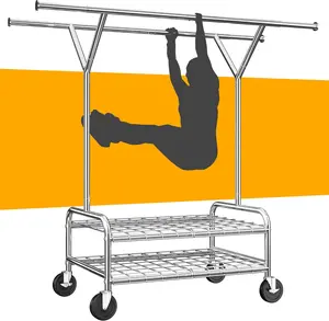 [RaybeeBrandyDay]Raybee Heavy Duty Clothes Rack with 2 Shelved, Rolling Clothing Rack with Wheels Load 330 LBS Double Rod Clothing Racks for Hanging Clothes Portable& Adjustable, Commercial Clothes Rack,Garment Rack [BlackFridayCyberMonday]