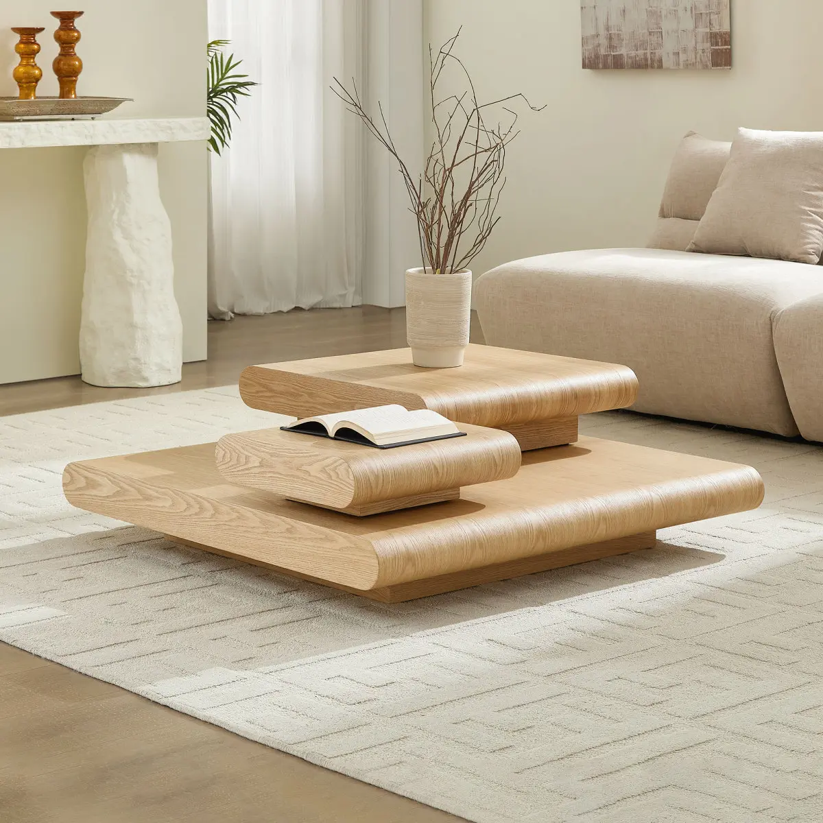 3-Piece Modular Stacking Coffee Table – Natural Wood Look, Mordern MDF Table front of the Sofa, 39.37 Inch Square Center Coffee Table for Living Room,No Assembly,Natural Color