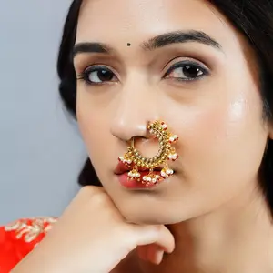Elegant Clip-On Marathi Nose Ring | Non-Piercing Golden Nath with Faux Pearls | Perfect for Weddings, Diwali, and Festive Celebrations