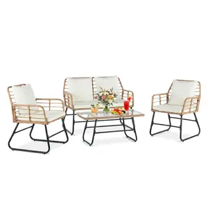 Outdoor Patio Sofa Set – 4 Piece Wicker Furniture with 2 Chairs, 1 Loveseat & Glass Table, Deep Seating All-Weather Rattan Set with Cushions for Backyard Porch