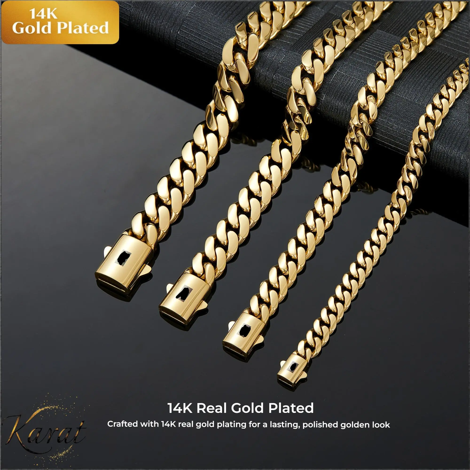 Glossy 14 Karat Gold-Plated Cuban Chain Necklace & Bracelet, Rust-Resistant Electroplated, Miami Hip-Hop Style, Gold Statement Chain, Daily Wear, Multi-Size (6mm/8mm/10mm/12mm/14mm), Couples' Gift
