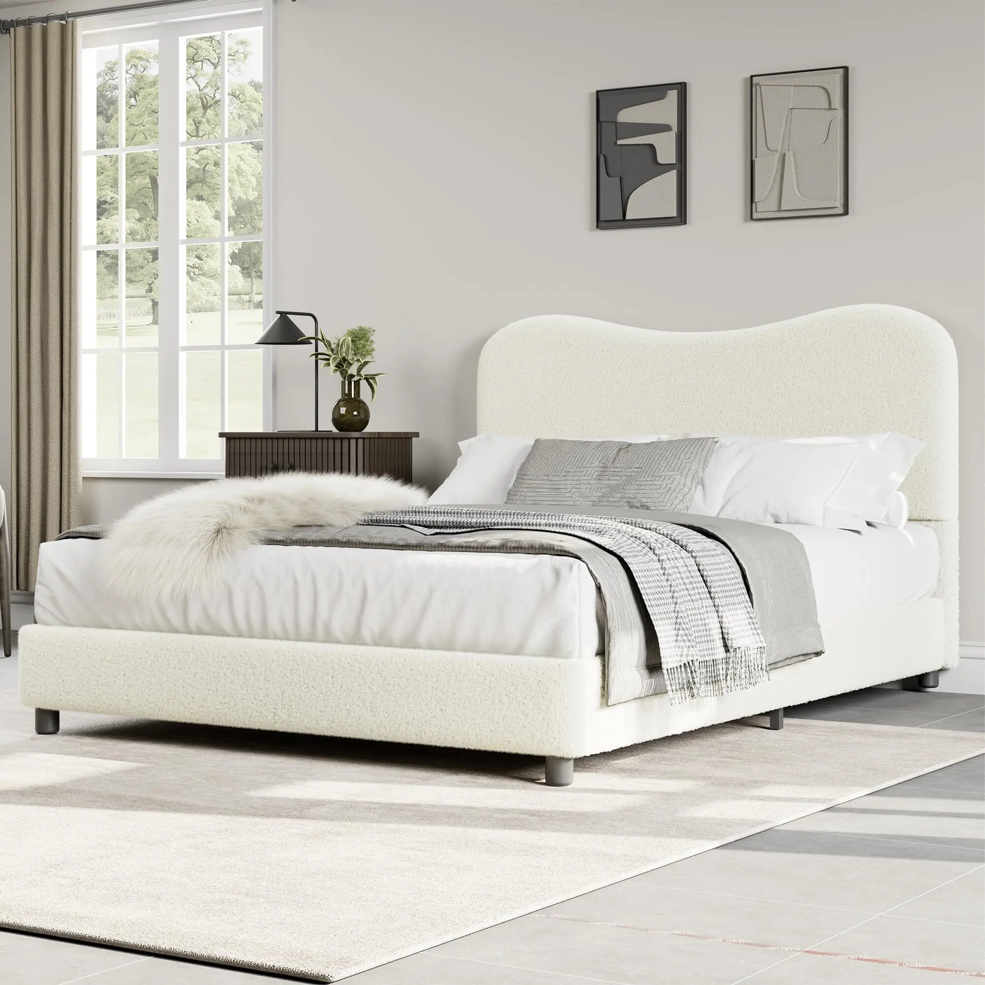 Gaomon Beige Upholstered Boucle Fabric Platform Bed Frame - Kids Furniture Bedroom, Upholstered Curved Soft Headboard, Low-Profile Sturdy Modern Design, Heavy-Duty Wooden Slats, Noise-Free, No Box Spring Needed, Upholstered Curved Headboard