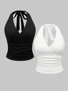 Women's Solid Color Halter Neck Tank Top, Casual Sleeveless Top for Daily Wear, Ladies Clothes for All Seasons