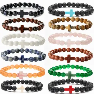 Natural Crystal Cross Beaded Bracelet Set, 12 Pcs 8mm Healing Stone Cross Bracelets, Lava Rock Tiger Eye Rose Quartz Christian Jewelry for Men Women