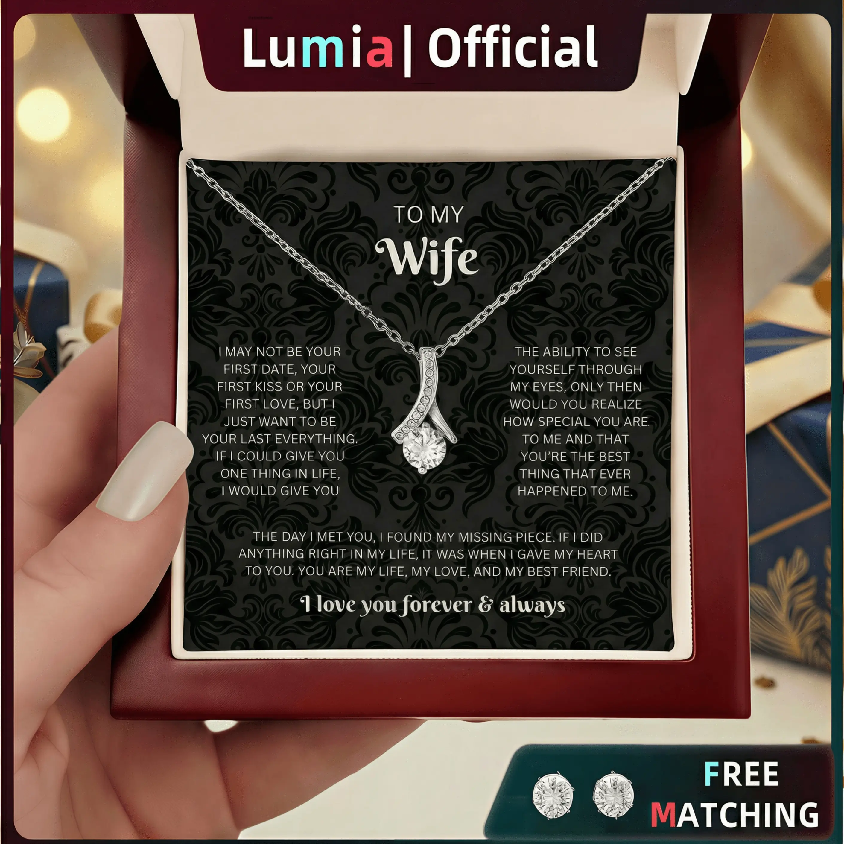 To My Wife Necklace,Wife Gift,Anniversary Gift for Wife,Solid Wood Gift Box with LED Light & Card | For Expressing Love ,Mermaid Tail Necklace, Precious Gift,