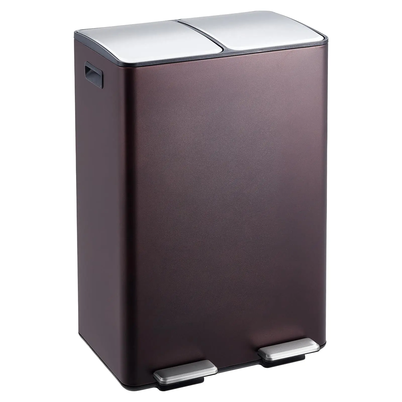 Dual Trash Can, 16 Gal (2 x 30 l) Stainless Steel Kitchen Garbage Can with Lid and Inner Bucket, Double Compartment Trash and Recycle Bin Combo with Step Pedal for Home Office, Brown