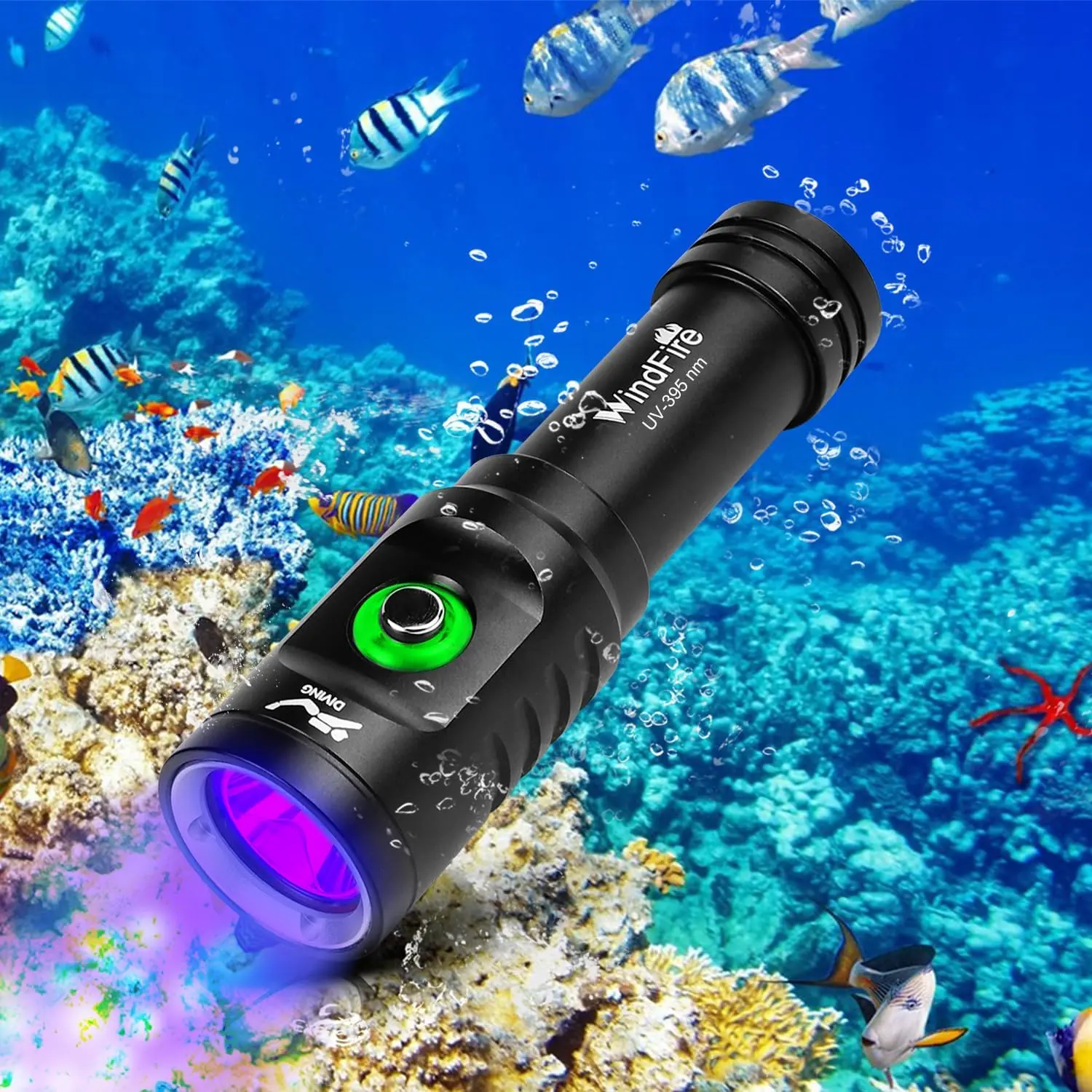 395 nm UV Flashlight - Portable Waterproof Scuba Dive Light with Power Indic. for Underwater Fluorescence Detection, Scuba Diving (Party Gift Option)