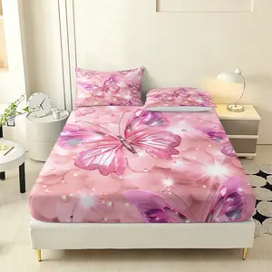 3-Piece Butterfly Pattern Bedding Set, Includes Fitted Sheet & Pillowcases, Breathable Polyester Fiber, All Seasons