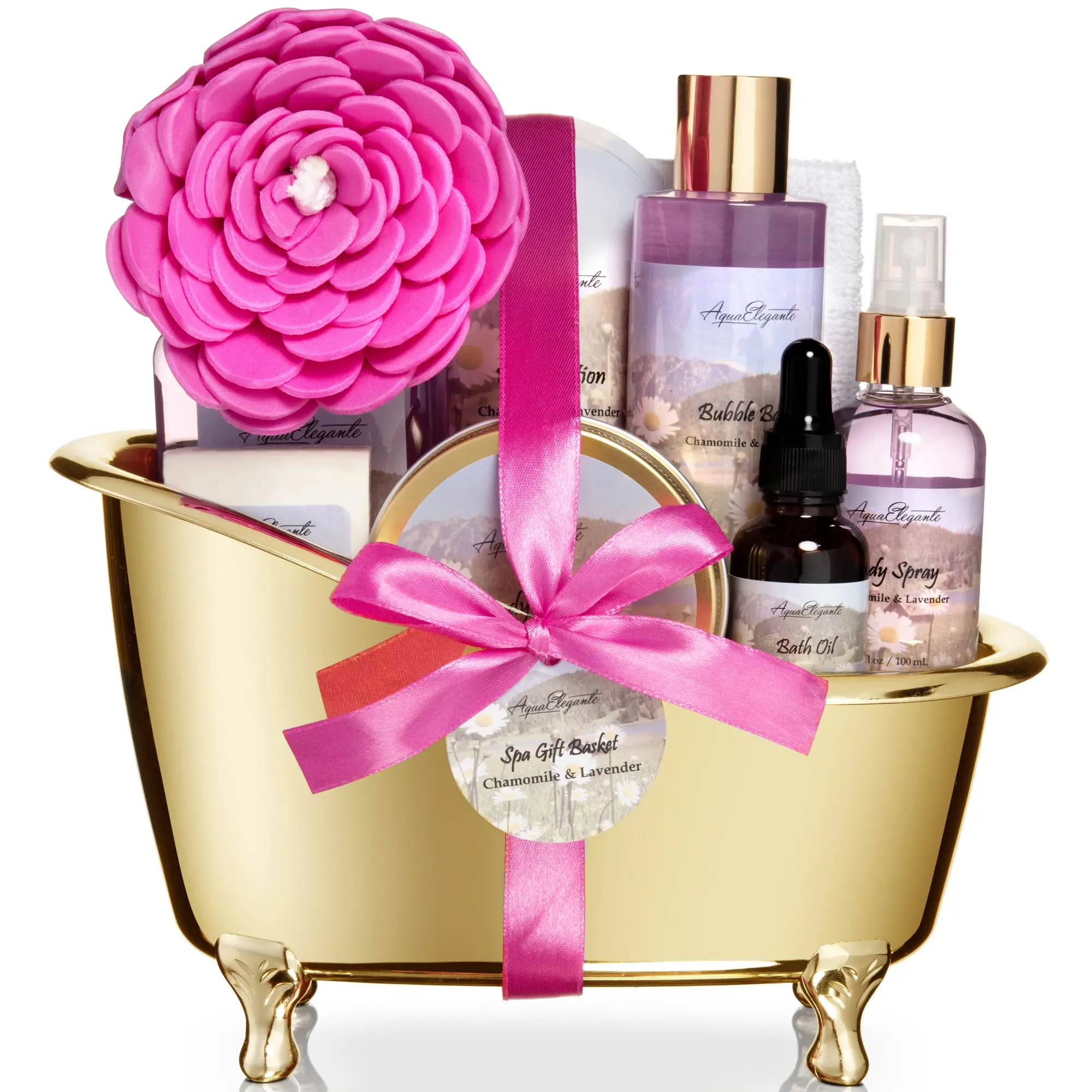 Aqua Elegante Spa Gift Basket For Women - Luxury Bath Set with Wash, Bubbles, Lotion, Body Butter, Soap, Towel, Shower Puff, Reusable Basket, Gifts for Mom, Wife, Girlfriend