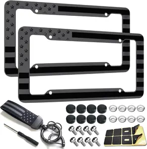 Flag License Plate Frame 2 Pack - Patriotic   Embossed Stars and Stripes Design, Black Plastic  Tag Holder with  & Screws