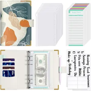 Budget Binder with Zipper Envelopes, A6 Money Saving Binder Cash Envelopes for Budgeting, PU Leather Planner Money Organizer for Cash Bills, Cute Boho System Wallet for Women, Abstract Leaves