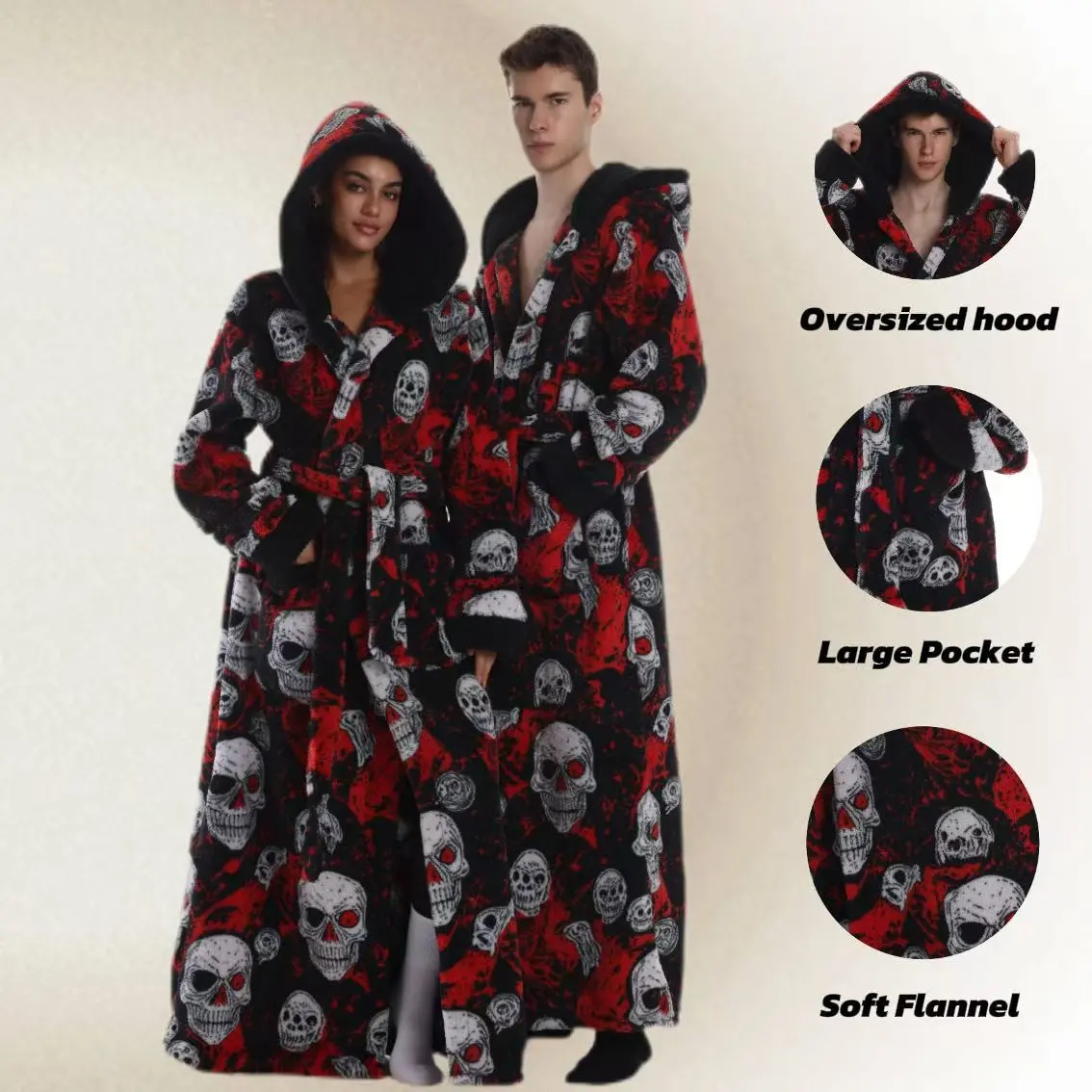 Elegant Skull Print Hooded Casual Soft Bathrobe Blanket, with Hat Belt Pocket, Unisex All-Size, Soft Comfort, Fall Winter Essential, Loungewear