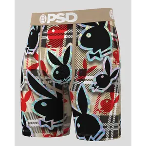 PSD Men's Playboy Checkmate Boxer Brief - Standard Length 7 Inch Inseam, Soft and Breathable Poly Blend Fabric