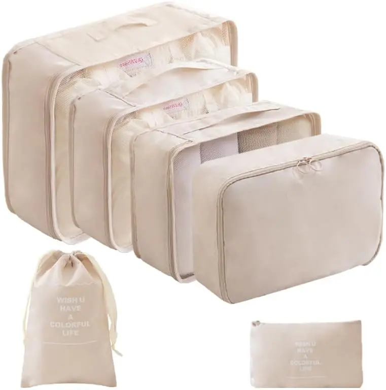 6 Set Packing Cubes for Travel, Luggage Organizers with Shoe & Toiletry Bags, Lightweight Suitcase Organizer for Carry-On, Washable Laundry Bags (Beige)