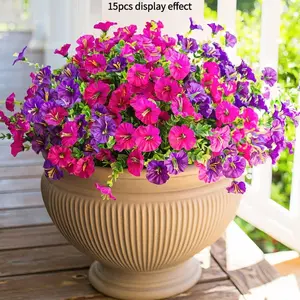 1/3Pcs Artificial 7 Fork Petunia Morning Glory, Faux Silk Eucalyptus Flower Bouquet, Fake Trumpet Vine for DIY Floral Arrangement, Home Wedding Garden Party Decor, Purple Pink Artificial Flowers for Vase Patio Porch Planter