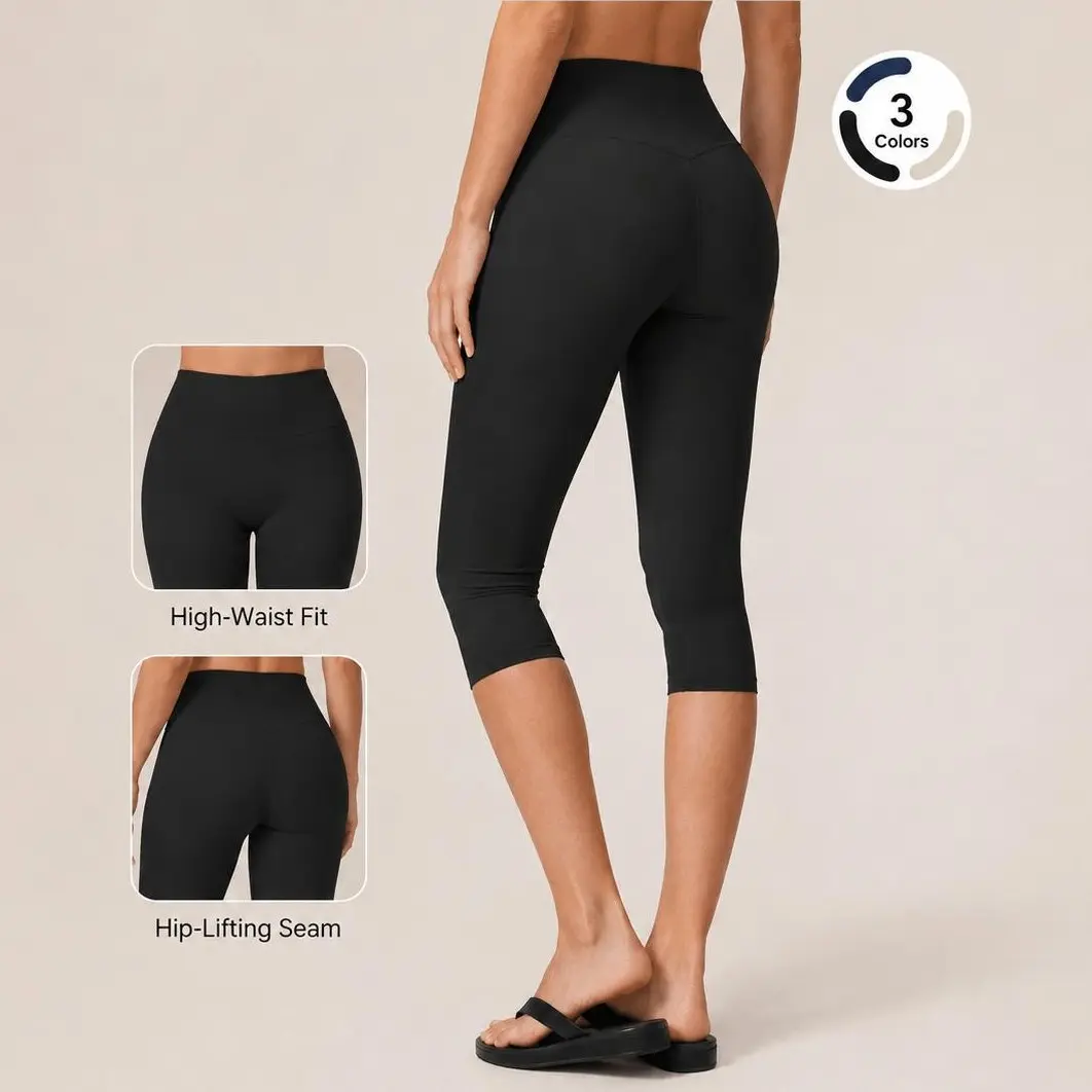 Women's High Waist 7/8 Capri Yoga Leggings, Butt Lifting, Smooth 4-Way Stretch Everyday Active Sporty Sports Bottoms for Cropped Workout, Biker Wear, Capri Pants