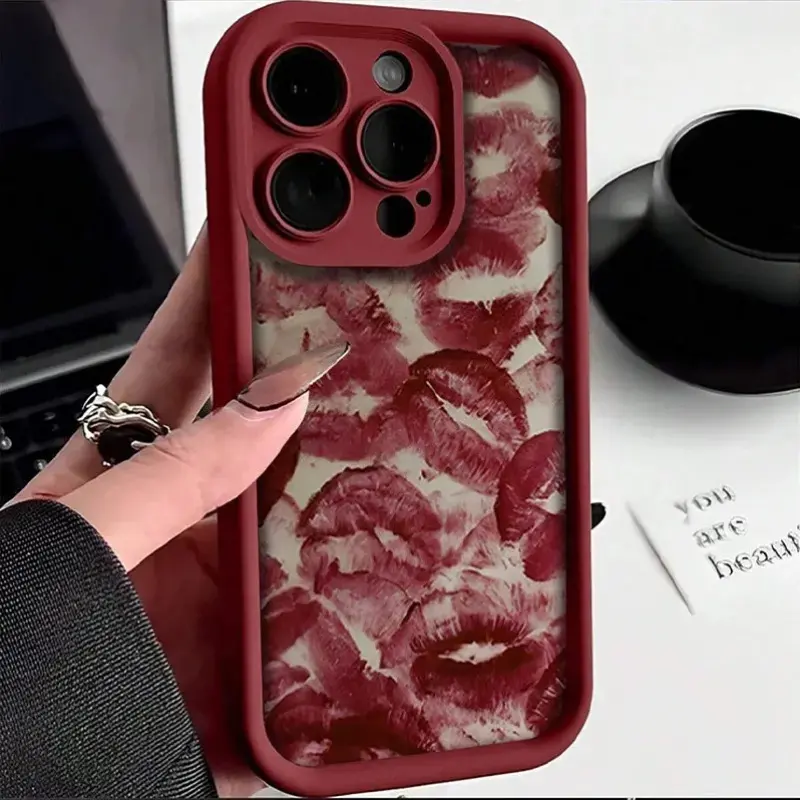 Burgundy Red Lip Print Smartphone Case for iPhone 11-17, XR, XS, Air, Plus - Durable Non-Yellowing Shockproof Soft Silicone Transparent Cover for Handheld Devices, E Nature's Delight Pattern Accessories, Protector, Tpu, Multi-Model